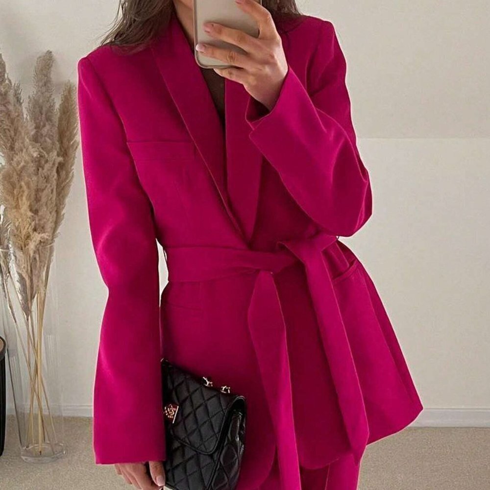 Pink Boho Womens Solid Belted Blazer